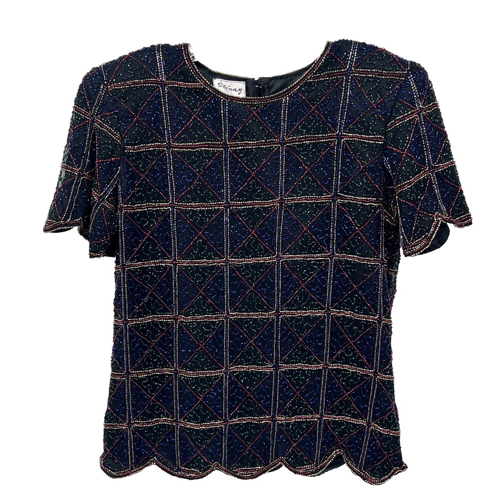 STENAY Women's Sz L Vintage Black Multicolor Beaded Silk Short-Sleeve Formal Top